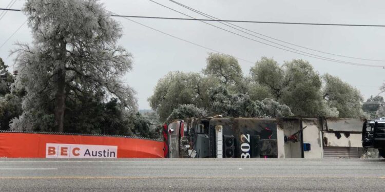 Pedernales Fire Department truck rolls over on west SH 71 as Austin area roads ice over