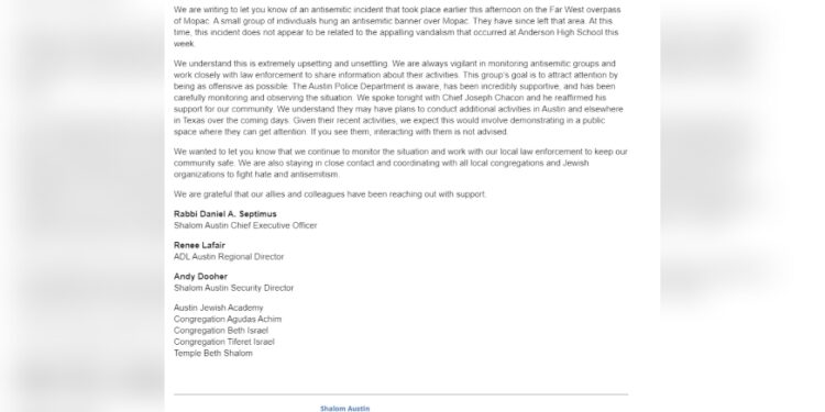 Shalom Austin issues statement after reports of anti-Semitic banner hanging over bridge on MoPac